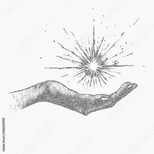 Tattoo style, hand holding a star. Vintage shape with scratchy paper grain ink specks and soft threshold. Dust and grit scatter across the textured background.