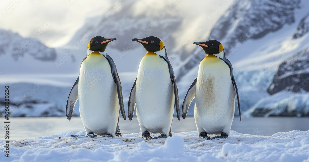 Obraz premium Three King Penguins Stand Together on a Snowy Antarctic Shoreline