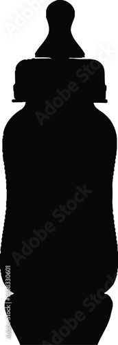 Black Silhouette of Ergonomic Baby Bottle with Nipple Top and Contoured Body, Representing Infant Feeding and Care Essentials in Minimalist Style