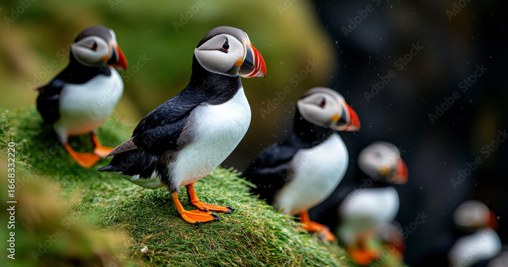 Fototapeta premium A Flock of Adorable Puffins Standing Together on a Mossy Cliffside in the Wild