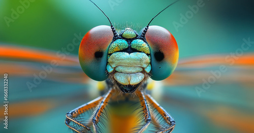 Macro View of a Dragonfly's Intricate Eye and Antennae Showing Vibrant Colors and Delicate Structures