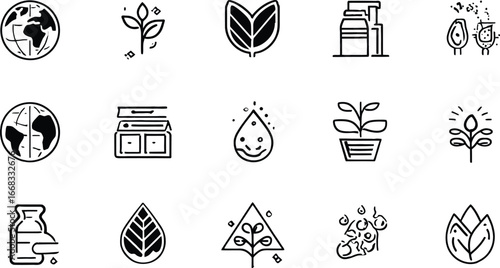 Grid of Fifteen Black Silhouette Icons Representing Eco-Friendly Practices and Nature Symbols Including Globe with Leaves, Smiling Produce, Water Droplets, Leaf Emblems, and Sustainable Containers