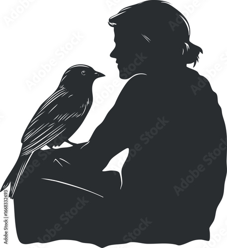 Silhouette of a woman sitting calmly with a bird perched on her knee in peaceful interaction