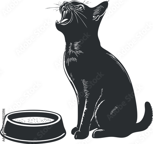 Illustration of a black kitten sitting next to a food bowl with its mouth open as if meowing or hungry.