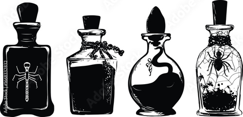 Set of Four Stylized Black Silhouette Potion Bottles Featuring Insect, Herb, Swirl, and Spider Motifs Representing Magical Elixirs, Fantasy Ingredients, and Halloween Apothecary Themes