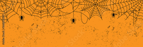 Black Spider Web and spiders on orange grunge background. Spooky cobweb hanging , vector Illustration