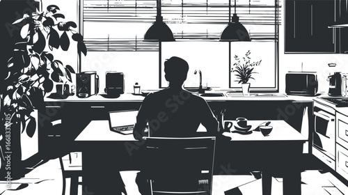Silhouette of a person sitting at a kitchen table with a laptop and coffee cups in a modern home interior.