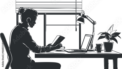 Silhouette of a woman reading a book at a desk with a laptop, lamp, and plant by a window