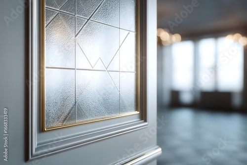 elegant glass window with frosted glass, beveled glass, polished edge showing authentic materials.