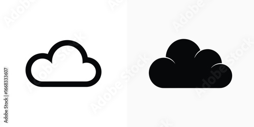 Two Cloud Icon Designs Outline and Solid Shape Clipart on White Background
