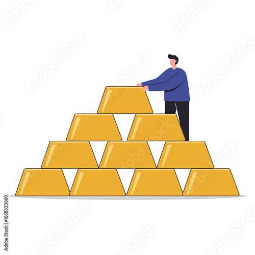 A dedicated businessman thoughtfully arranges a towering pyramid of gleaming gold bars, symbolizing immense wealth, strategic investment, and significant financial success.