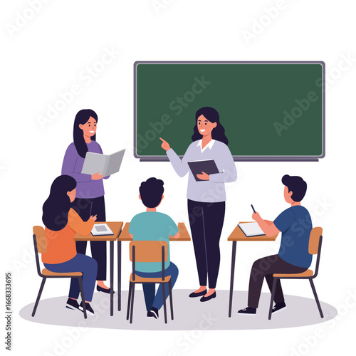 Two dedicated female teachers actively engage with attentive students in a modern classroom, fostering an interactive and supportive learning environment.