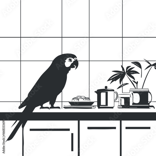 Silhouette of a parrot perched on a kitchen counter near plants and breakfast items in monochrome