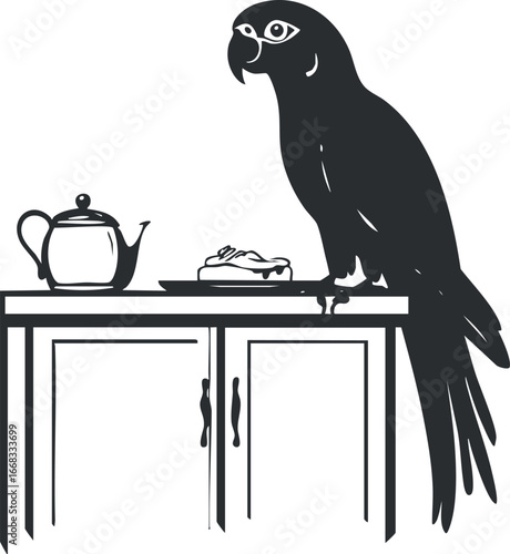 Black and white silhouette illustration of a parrot perched on a cabinet next to a teapot and cake plate