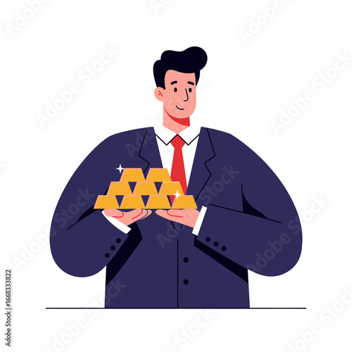 A successful businessman in a sharp suit confidently holds a gleaming stack of gold bars, symbolizing financial prosperity and smart investment strategies.