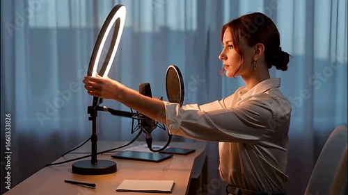 A woman sets up the ring light.