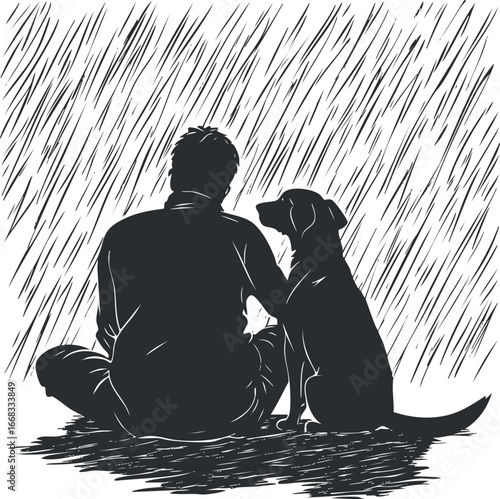 Silhouette of a man and his dog sitting together in the rain showing companionship and loyalty.