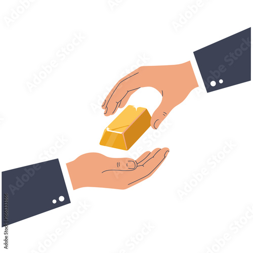 A clear illustration shows one hand giving a shining gold bar to another, symbolizing a valuable financial transaction, investment, or significant wealth exchange.