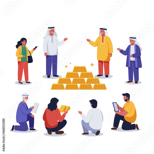 Diverse individuals, some in traditional Middle Eastern attire, gather around shining gold bars, representing wealth, investment, and financial discussions.