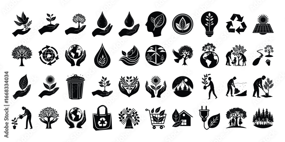 Obraz premium Collection of Black and White Ecology and Environmental Protection Icons