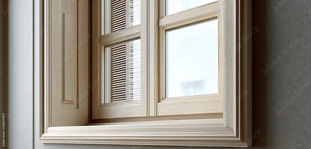 Fototapeta premium elegant pine window with folding shutter, wood inlays, sound insulation showing meticulous joinery.