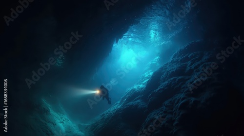 Wallpaper Mural Beneath the Surface: A Diver Illuminates a Flooded Cavern with a Flashlight, Exploring the Mysterious Depths of a Submerged Cave Environment Torontodigital.ca