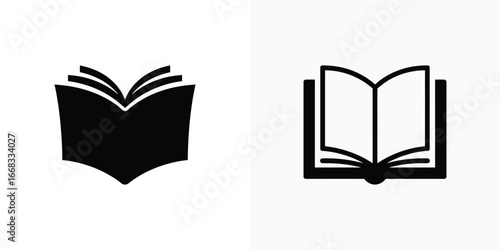 Two Open Book Icons, Educational Concepts, Black Silhouette on Transparent Background