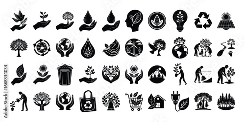 Collection of Black and White Ecology and Environmental Protection Icons