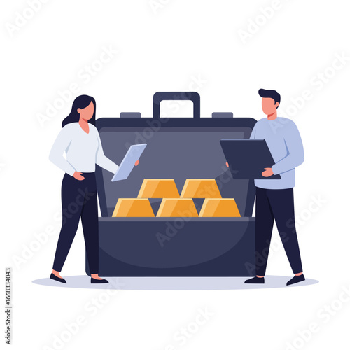 Two business professionals are examining a briefcase full of shining gold bars, symbolizing wealth, secure investment, and financial asset management.