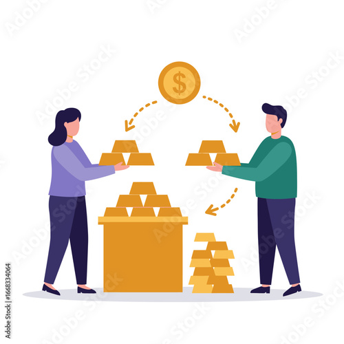 This flat vector illustration depicts two individuals engaging in a financial transaction, exchanging valuable gold bars for currency, symbolizing investment and wealth management.