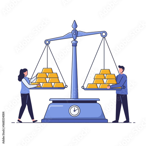 A man and a woman collaboratively balance a large scale with stacks of gold bars, symbolizing financial fairness, investment, and equitable wealth distribution.