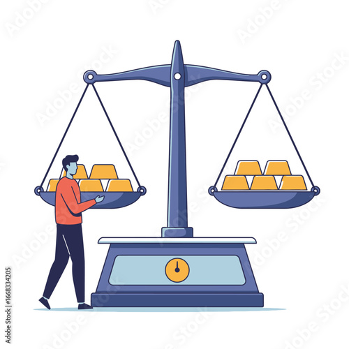 A man carefully places gleaming gold bars onto a traditional balance scale, illustrating the crucial concept of financial equilibrium and investment value.