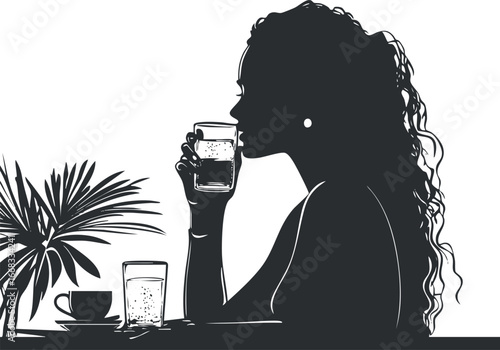 Silhouette of a woman with curly hair drinking from a glass at a table with a cup and plant nearby