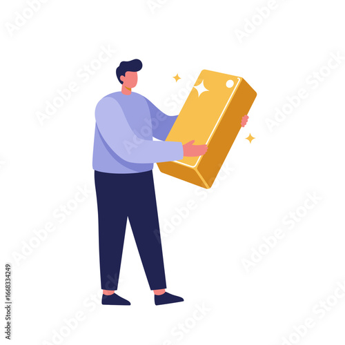 A modern, flat-design illustration depicts a person confidently holding a large, gleaming gold bar, symbolizing wealth, investment, and financial success.