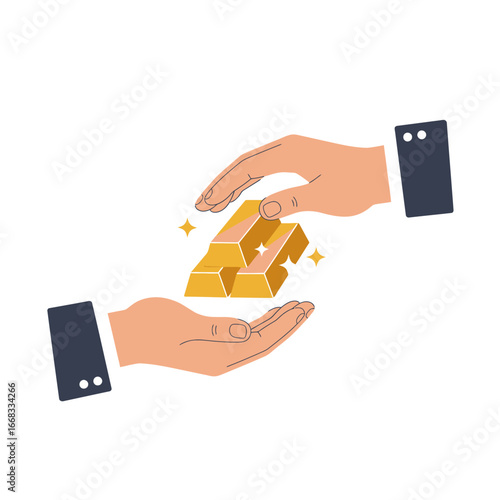 Two hands exchange shiny gold bars, symbolizing a valuable business transaction, secure investment, or the transfer of wealth and financial assets.