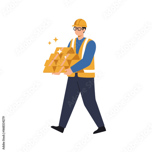 A diligent worker, wearing a yellow hard hat and safety vest, carefully carries a heavy stack of gleaming gold bars, symbolizing wealth and prosperity.