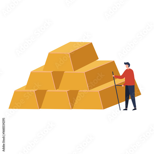 A small person stands beside a towering stack of gleaming gold bars, symbolizing immense wealth, successful investment, and financial prosperity.