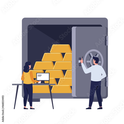 A dedicated team efficiently manages a substantial collection of gleaming gold bars meticulously stored inside a robust, open vault, symbolizing asset security and wealth.