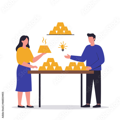 Two business partners collaborate on a successful venture, combining innovative ideas with valuable assets to generate significant financial growth and prosperity.