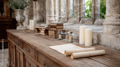 Ancient Scrolls and Books on Wooden Table in Historic Setting