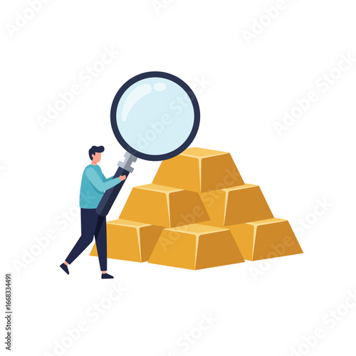 A diligent investor carefully examines a gleaming stack of gold bars with a magnifying glass, symbolizing wealth analysis and financial security.
