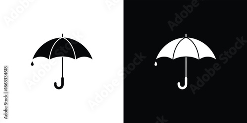 Umbrella Icon with Dripping Water, Weather Forecast Symbol, Silhouette Black White