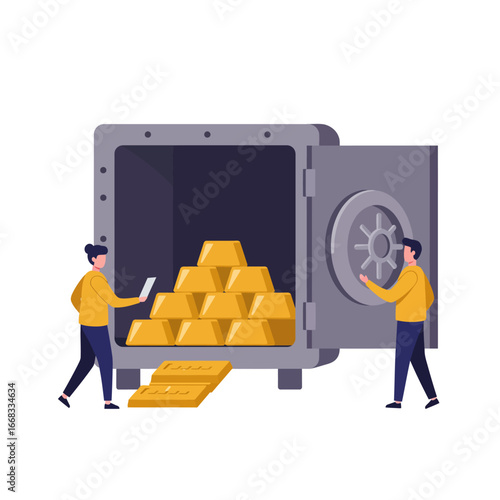 Two people managing a large safe filled with gleaming gold bars, symbolizing wealth, secure investments, and financial prosperity.