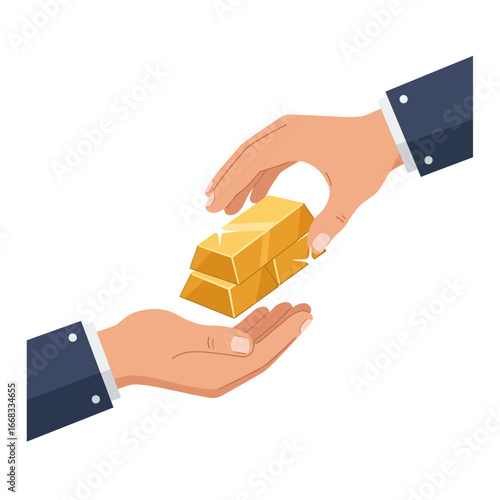 Illustration of two hands exchanging gold bars, symbolizing a financial transaction, investment, and the transfer of valuable wealth.