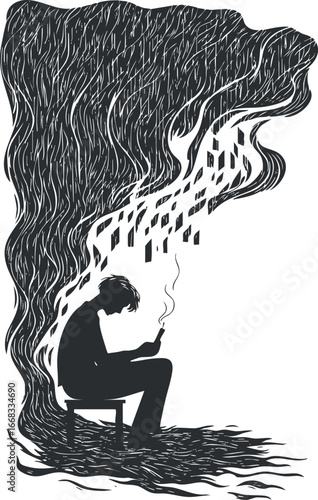 Black and white silhouette of a man sitting on a chair smoking with abstract smoke and artistic patterns surrounding him