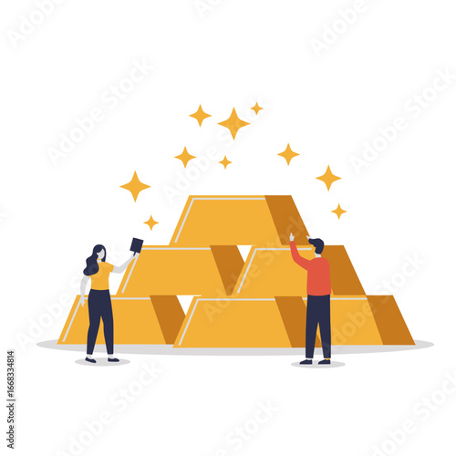 Two people stand before a shimmering stack of gold bars, symbolizing immense wealth, successful investment, and financial prosperity in a modern economy.