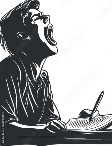 Black and white illustration of a tired boy yawning while writing in a notebook at a desk