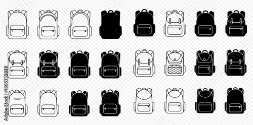 A comprehensive collection of various backpack icons displayed in both outline and solid black silhouette styles on a transparent background.