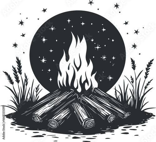 Black and white illustration of a campfire with burning logs surrounded by grass under a starry night sky