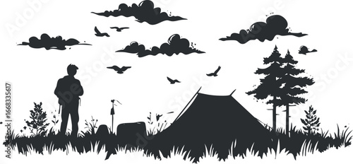 Silhouette of a camper with tent in a natural outdoor forest setting under cloudy sky with birds flying